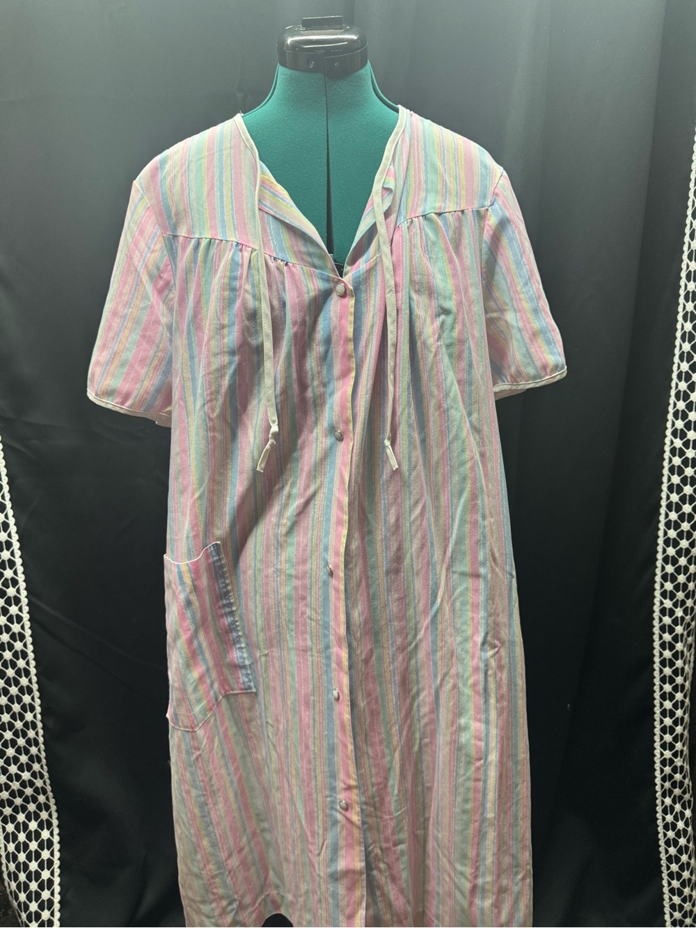 Button-Front Pastel Striped Nightgown housecoat - Pink Multi